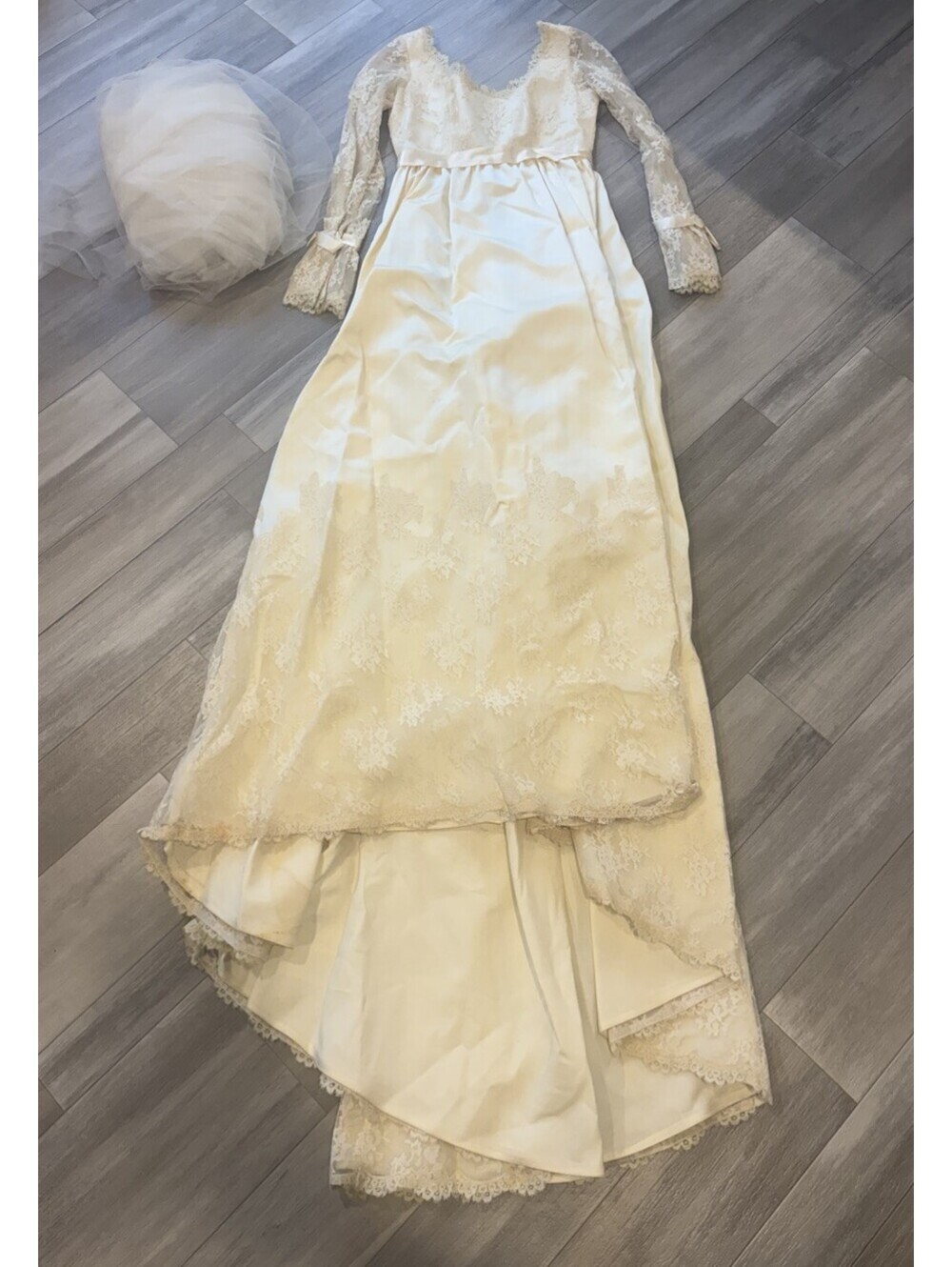 Union Made Vintage 70s 80s Lace Chiffon Wedding Dress & Tulle Read Description
